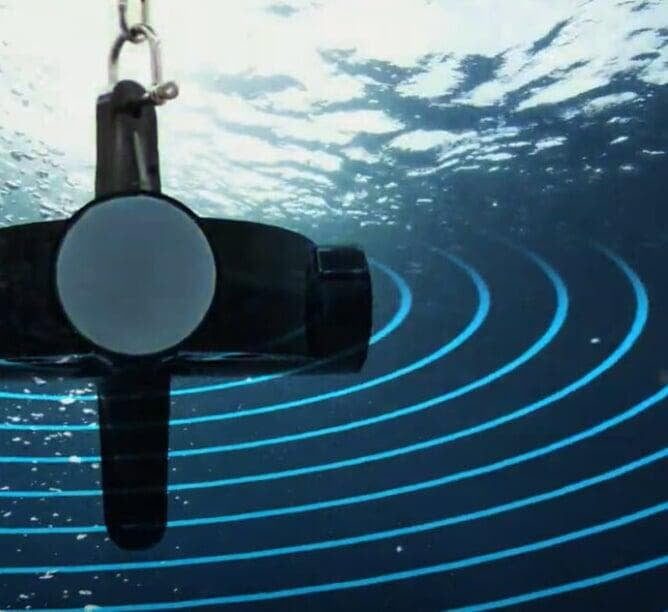 Underwater ultrasonic transmitter unit emitting sound waves in all directions. The unit is disc-shaped and a floats suspends it just below the waters surface.in the water.