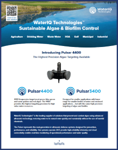 A brochure cover for Algae Control Australia promoting their Pulsar 4400 sustainable algae and biofilm control technology. The text also mentions Pulsar 3400.