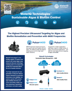 Brochure cover for Algae Control Australia, featuring text about sustainable algae and biofilm control using ultrasound technology.